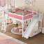 Grand lit mezzanine avec tablettes de rangement et garde-robe, structure en bois massif, glissière amovible, échelles, aucun sommier nécessaire, rose et blanc-667965446-667965447