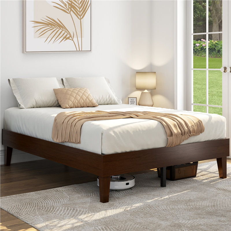 Structure de lit plateforme en bois multi-tailles avec support de lattes robuste, Noyer foncé, Double