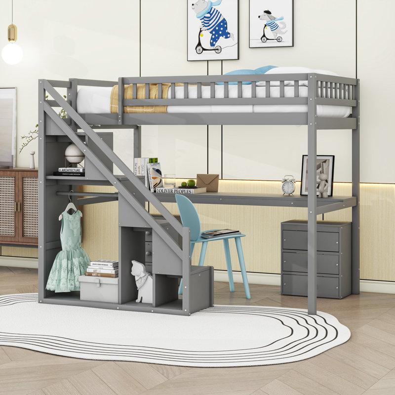 Lit mezzanine avec éclairage DEL, bureau d'étude intégré et escalier, tiroirs, Gris, Simple