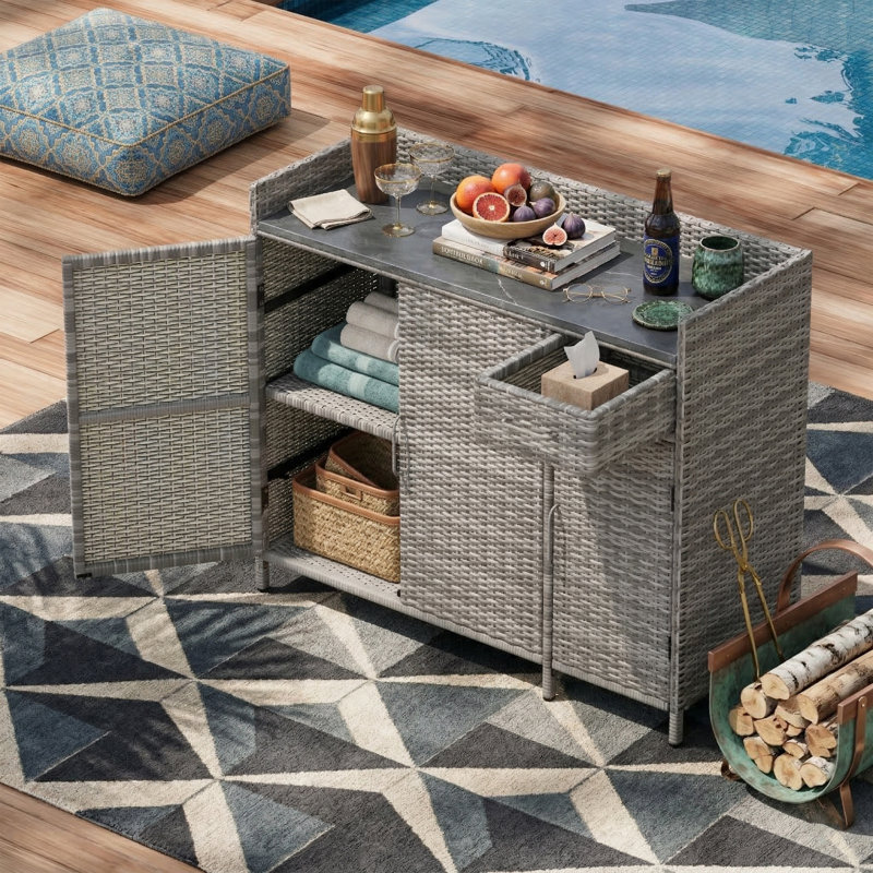 47.5" Outdoor Rattan Bar Table With Storage - Wicker Patio Cabinet With 3 Doors & Drawer - Glass Top - Black Brown, Gray