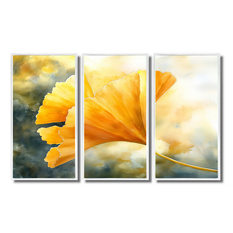 Golden Ginkgo Leaf I - feuilles, art mural - 3 panneaux, H 28 po x l 36 po, Impression encadrée sans passe-partout, Blanc