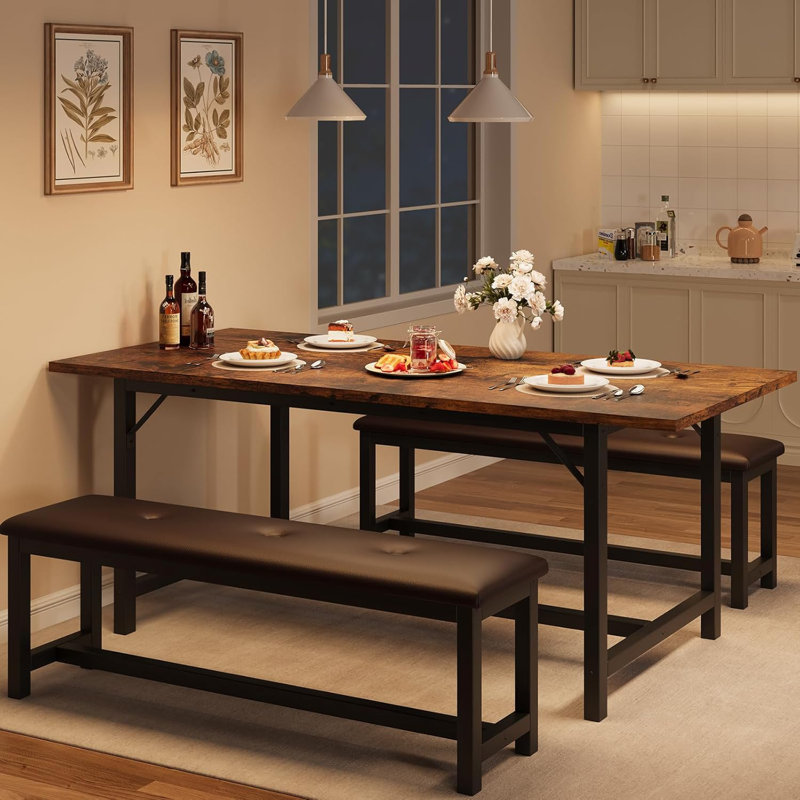 63" Dining Table Set for 4-6, Large Extendable Kitchen Table Set with 2 Upholstered Benches for 6, 3 Piece Rectangle Dining Table Set for 4 for Apartment, Saving Space