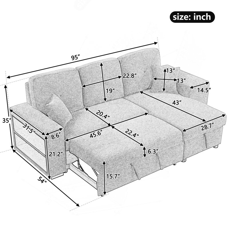 Versatile Reversible Sofa Bed With Side Shelf And Storage Chaise, Black/Blue Velvet