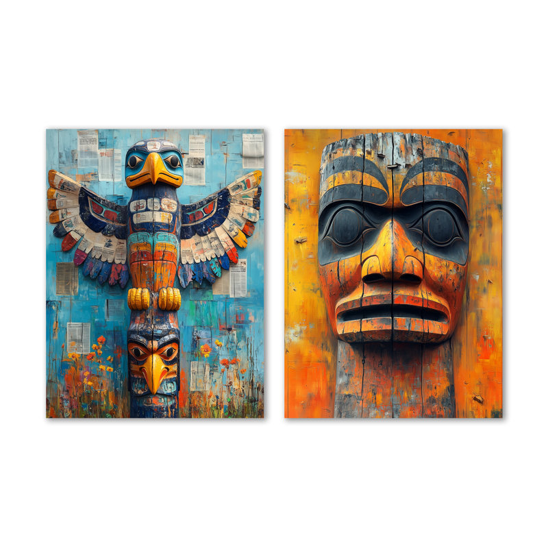 Impression de décoration murale en métal 2 pièces jaune Native American Totem, 32" H x 48" W