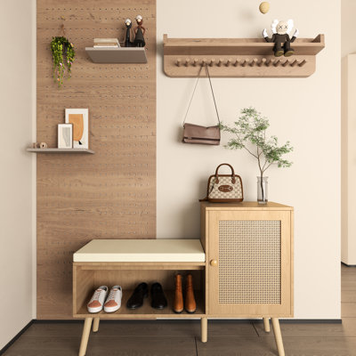 Banc de rangement pour chaussures 2 en 1, armoire à chaussures en rotin Pp avec 2 tablettes réglables et coussin de siège amovible, banc de vestibule moderne, rangement pour chaussures, range-chaussures pour couloir, chambre à coucher