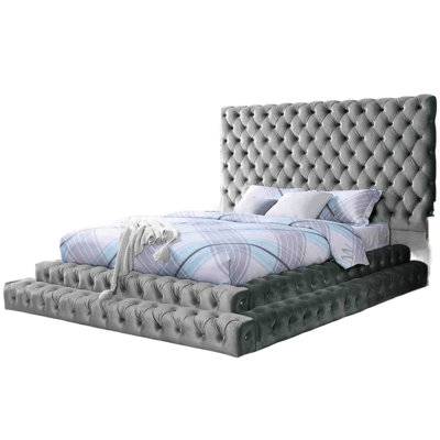 Contemporary King Size Bed, Oversized Headboard, Gray Flannelette Upholstered, Step Up Platform, Wood Frame Bed With Flavor, Mattress Ready