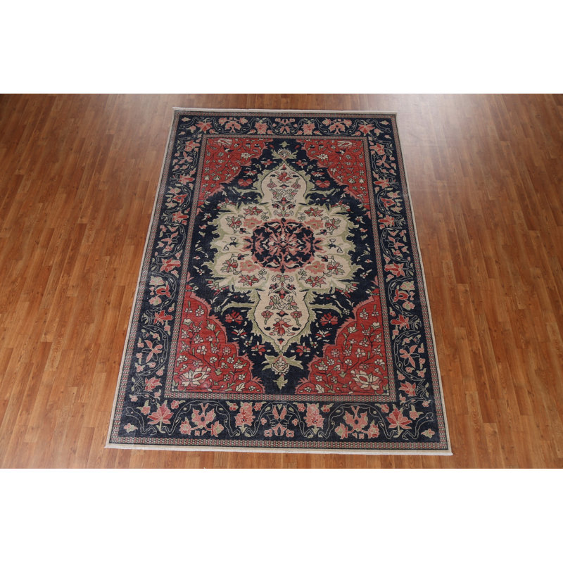 Tapis noir / rouge en laine noué à la main de conception unique 7 pi 0 po x 9 pi 9 po