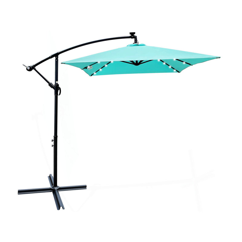 Parasol d'extérieur moderne à énergie solaire à DEL avec manivelle, Turquoise, H 98,4 po x l 120 po x P 78 po