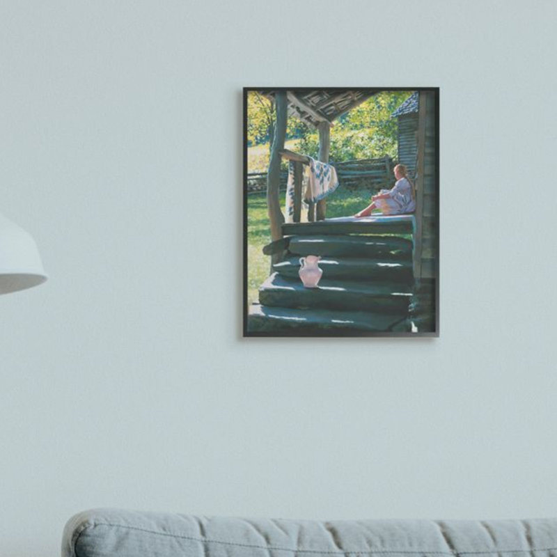 Girl Sitting on Cottage Porch with Quilt Canvas Print in Gray Frame