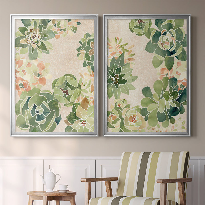 Vitrail Succulents I - ensemble de 2 reproductions d'art sur toile encadrées, H 36,5 po x l 53 po x P 1,25 po, Argent