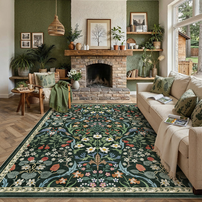 Colson Green Botanical Bird Area Rug, Green, Rectangle 8' x 10'