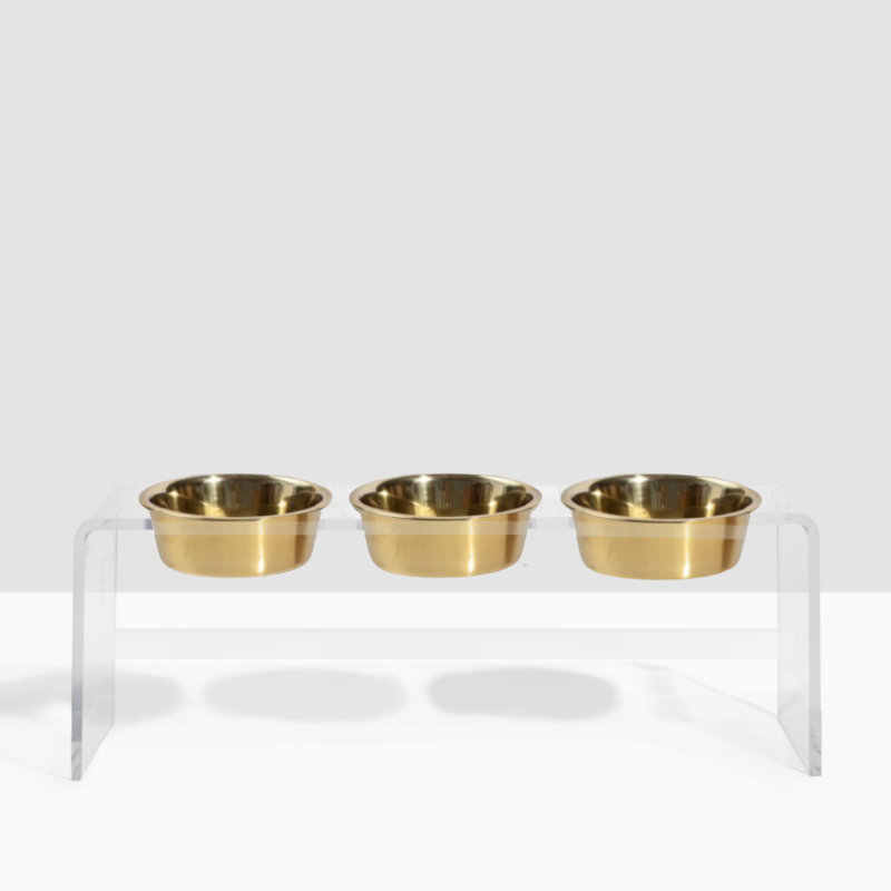 Tall Clear Triple Dog Bowl Feeder with Bowls, Gold