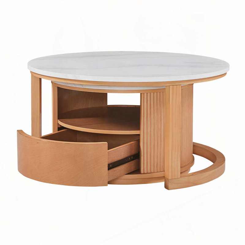 Table basse ronde avec plateau en marbre blanc, rangement à 2 niveaux et 1 tiroir