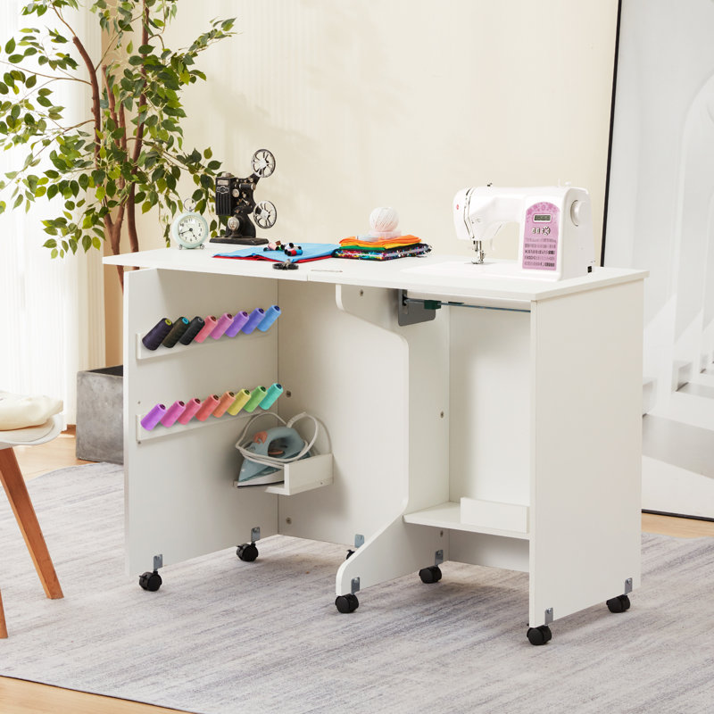 56.8"  X 19.6" Folding Sewing Table, Portable Craft Station With Storage Shelf, Liftable Panel
