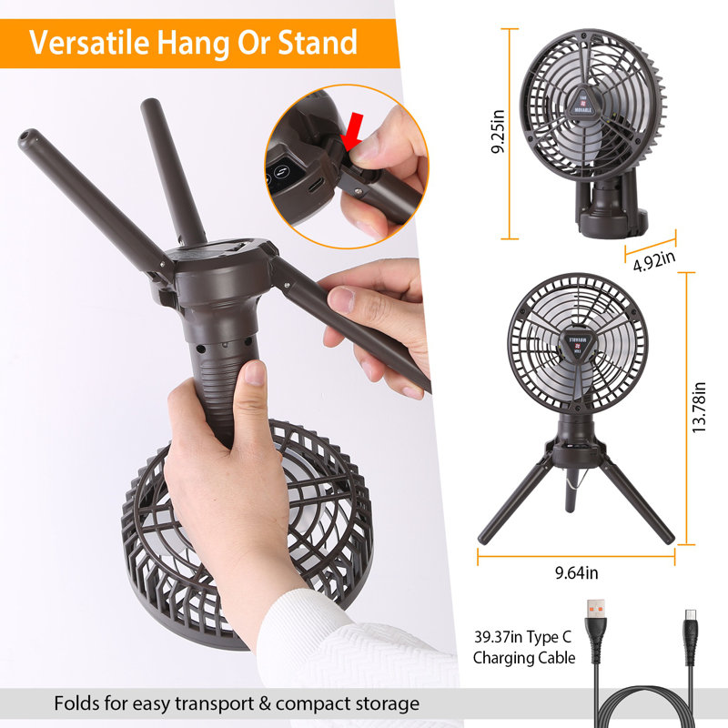 Ventilateur de camping portatif 10400 mAh avec lanterne DEL - Design oscillant, trépied et suspendu