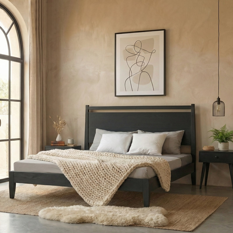  Adept Wooden Bed Frame with Headboard, Solid Wood Foundation with Silent Slats and Wood Central Supports, 1000 Lb Capacity, Effortless Assembly