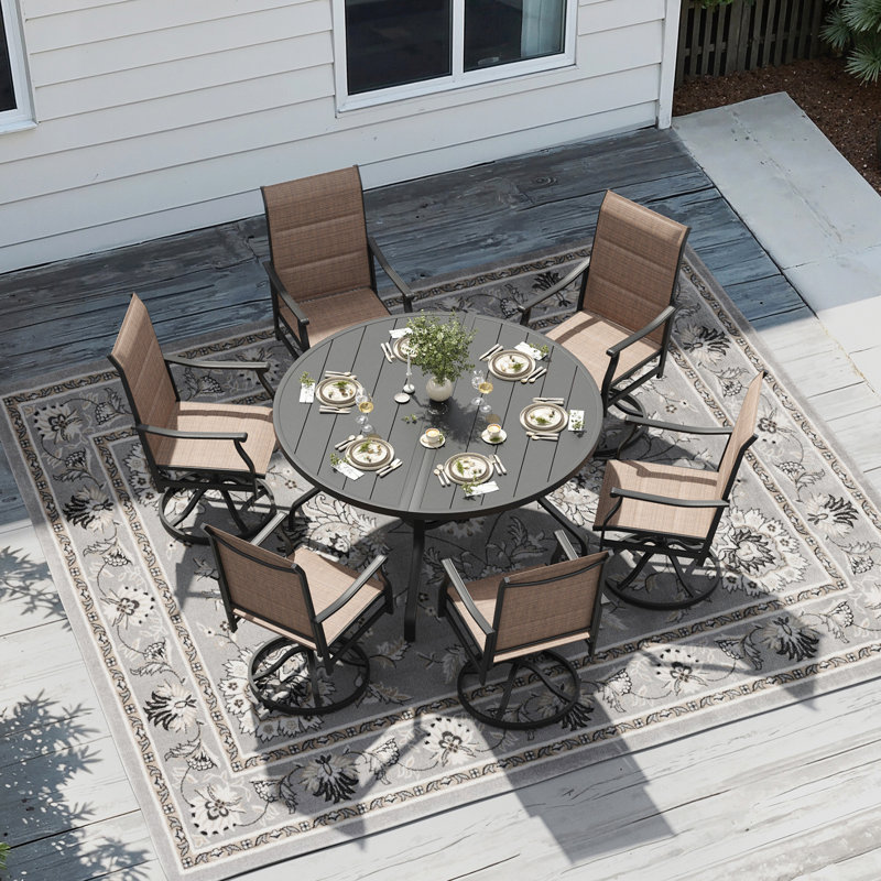 6-Person Outdoor Dining Set with 6 Padded Swivel Sling Chairs and 47" Round Steel Dining Table, Brown