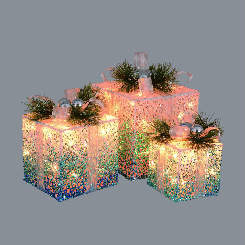 Ensemble de 3 boîtes-cadeaux de Noël décoratives lumineuses bleues et vertes 12 "