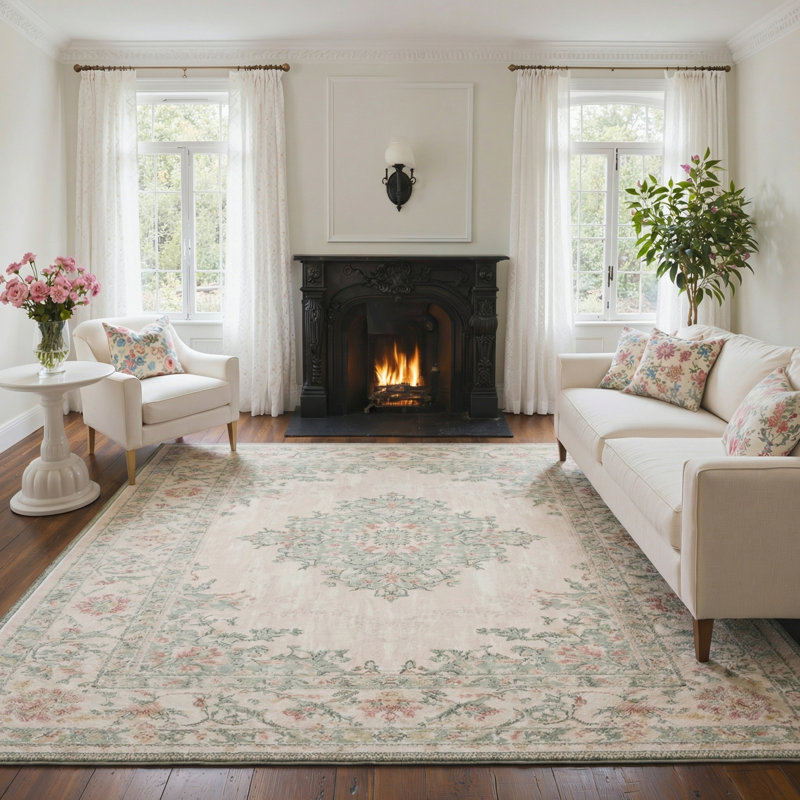 Airville Vintage Medallion French Country Sage Area Rug, & Traditional Elegance, Machine Washable, Inspired Faux Wool - High-Rebound Foam & Non-Slip Backing