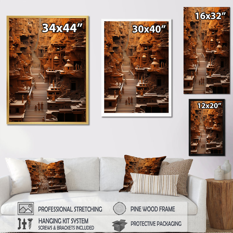 «Hinduism Yatras Sandalwood Steps», reproduction d'art sur toile, Cadre flottant noir, H 44 po x l 34 po x P 1,5 po