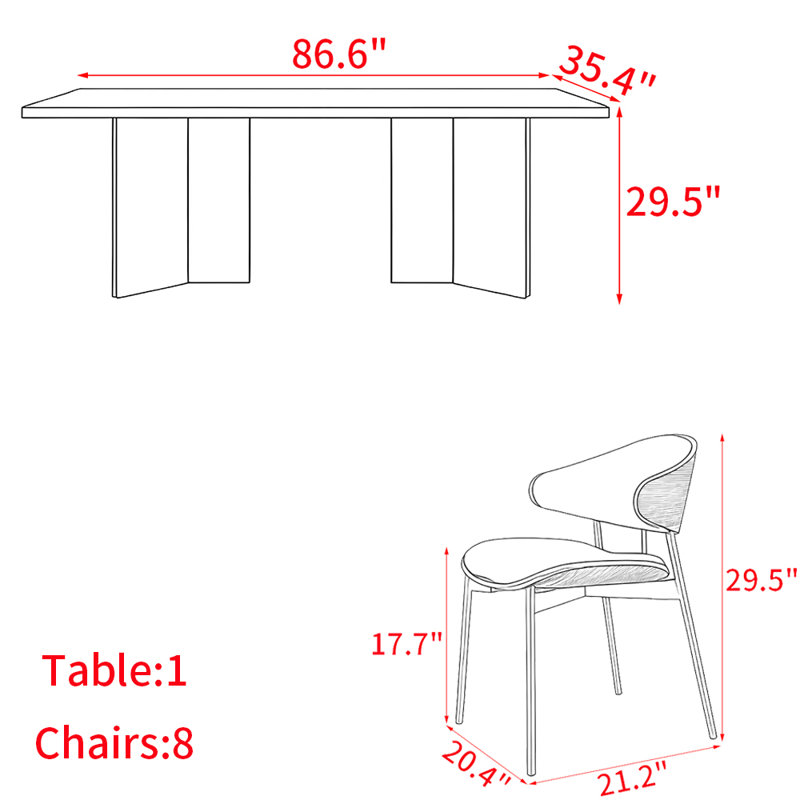 Ensemble de table de salle à manger simple et moderne en bois massif rétro, 29.50"H x 86.60"L x 35.40"W