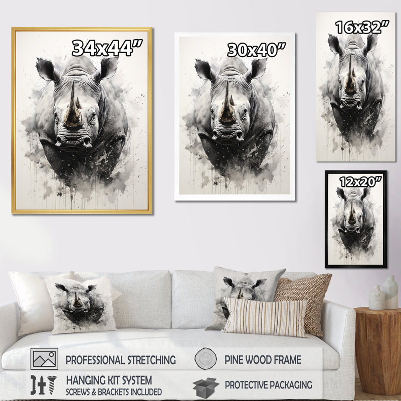 Mighty Stampede Rhinoceros I, reproduction d'art sur toile, H 40 po x l 30 po x P 1,5 po, Cadre flottant blanc