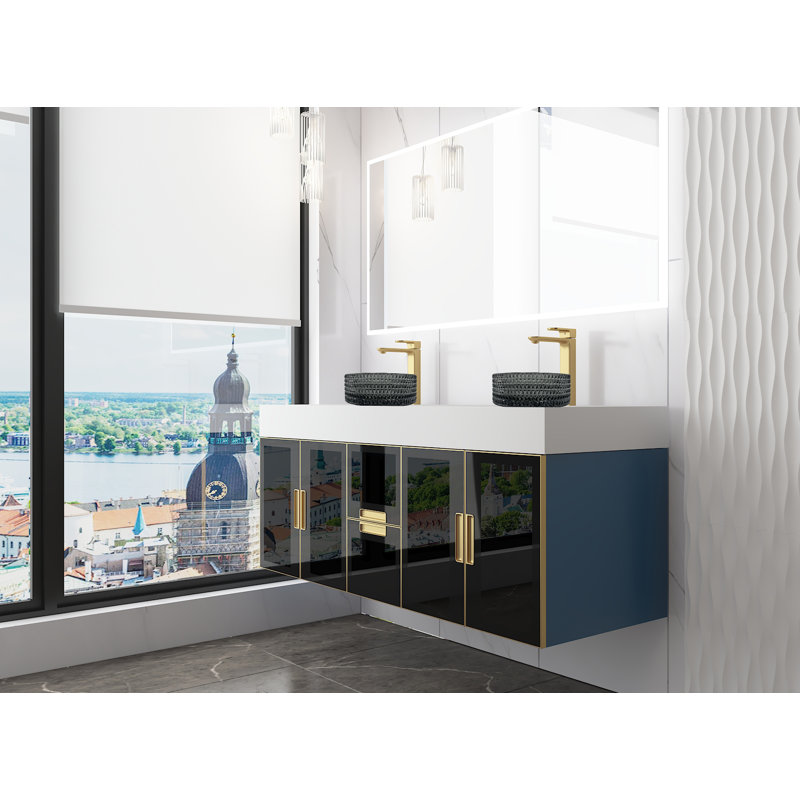Modern Luxury Wall-mounted Vanity With 60" Solid Surface Top And Round With Rim Glass Vessel Sink, Light Black