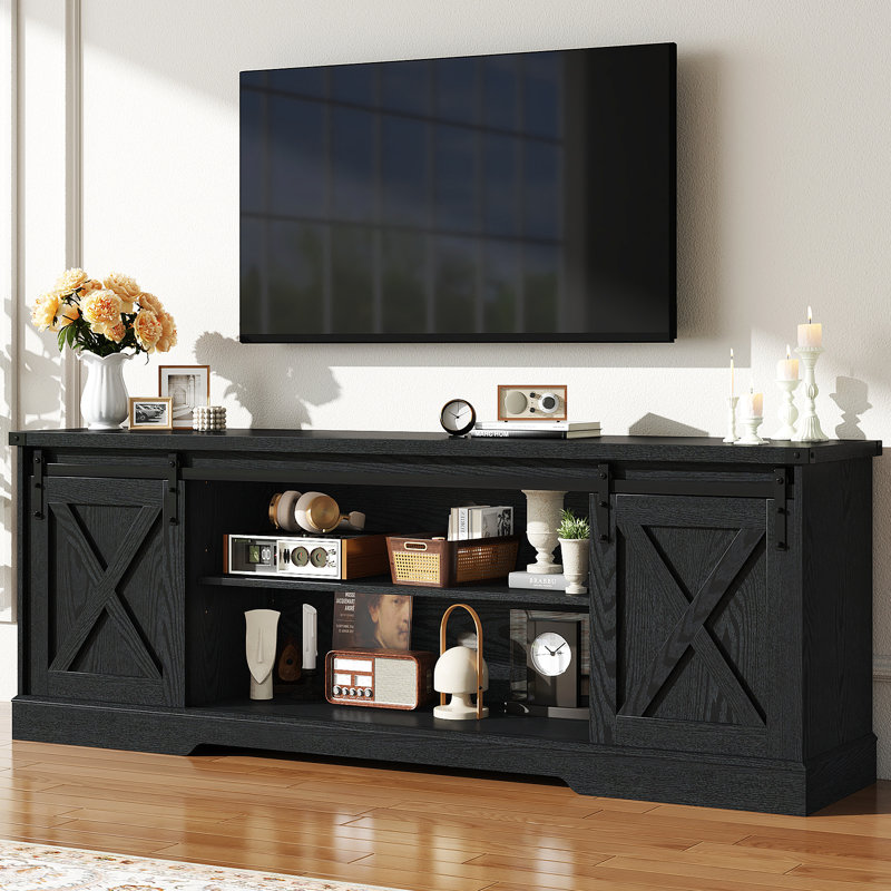 Ravindr TV Stand for TVs, Black, 25.8" H x 70.1" W x 15.6" D