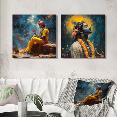 Art moderne indien krishna jaune I - Art mural indien - art mural global pour le salon, 2 pièces