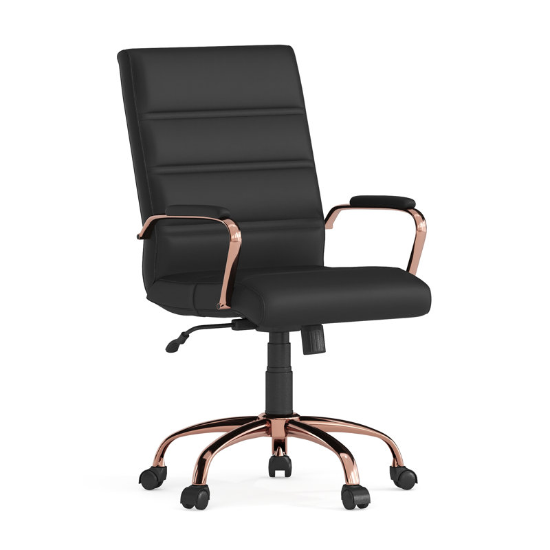 Whitney Ergonomic Upholstered Mid-Back Swivel Office Chair, Rose Gold, Black Faux Leather