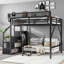 Lit mezzanine double avec escalier, lit mezzanine double en métal avec tablettes de rangement, lit mezzanine haut avec garde-robe