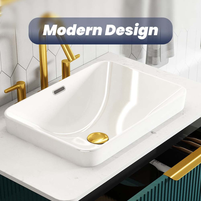 18 Inch Gloss White Ceramic Rectangular Drop-In Bathroom Sink Vanity Top with Overflow, Modern Design, Easy to Clean, Not Include Faucet & Drain