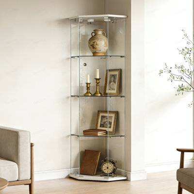 Vitrine à cinq côtés en verre trempé, armoire d'angle, armoire à boissons alcoolisées, avec lumières de fonctionnement, avec serrures, pied réglable équipé en bas, pour différents étages, salon, couloir, bureau