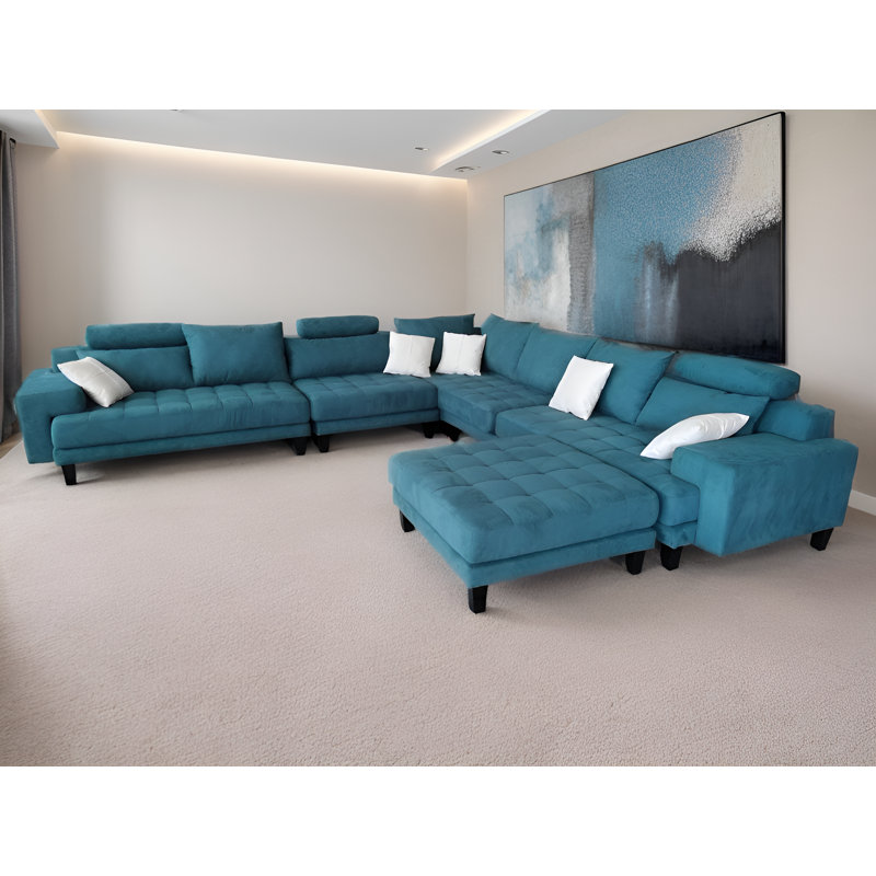 Mandey Upholstered Sectional Reversible, Teal Microfiber/Microsuede