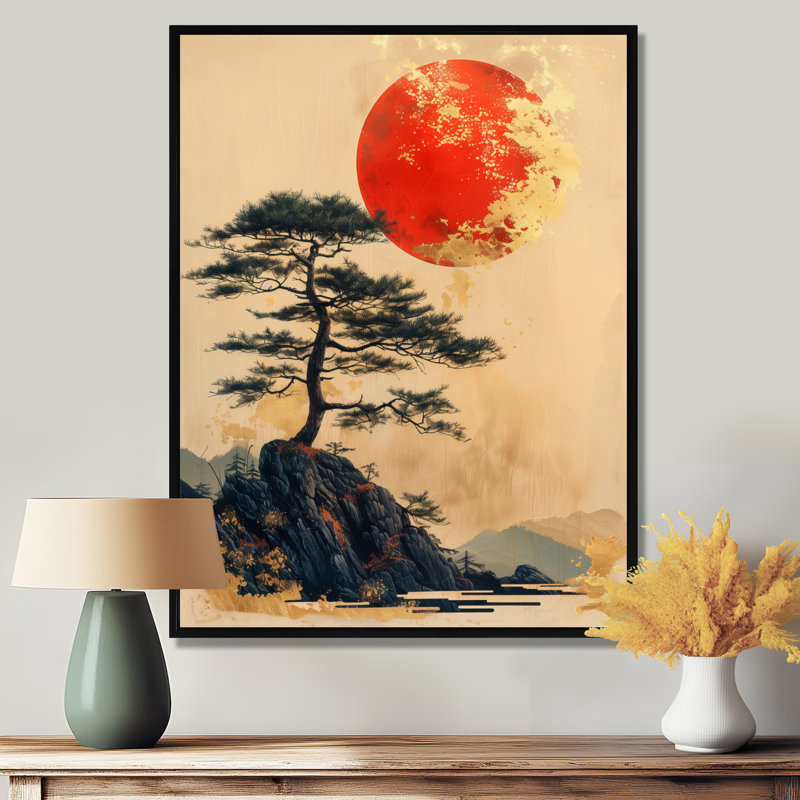Bonsai doré or japonais, coucher de soleil II - Japon, art mural salon, Cadre flottant noir, H 24 po x l 32 po