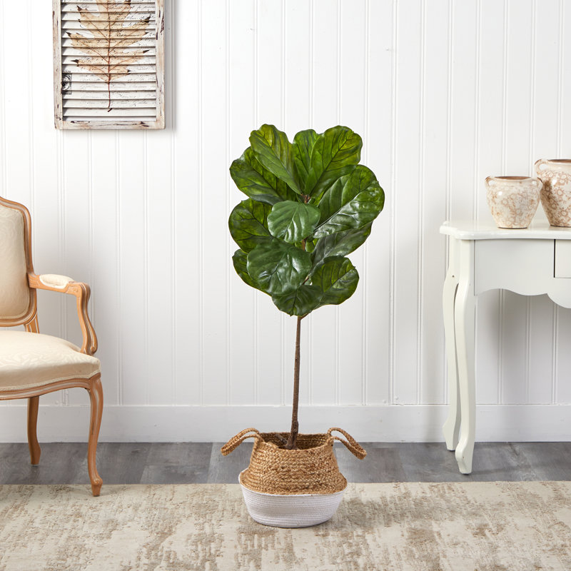 4 pi Arbre artificiel Fiddle Leaf en coton tissé à la main Boho, Blanc