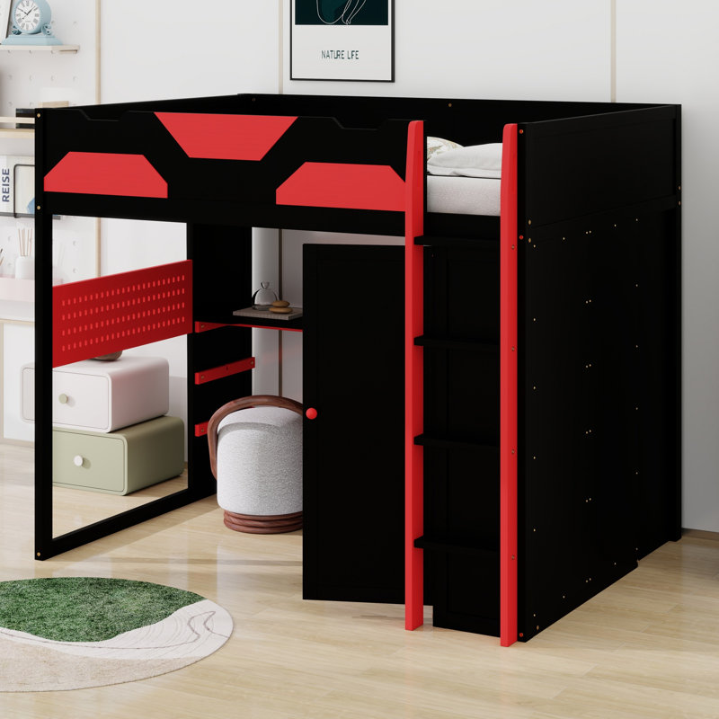 Wood Loft Bed With Desk, Multi Storage Shelves And USB, Red
