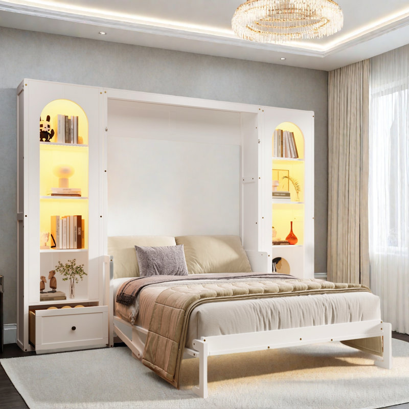 Thistle Queen Size Elegant French Style Murphy Bed With Storage And LED Lighting, White