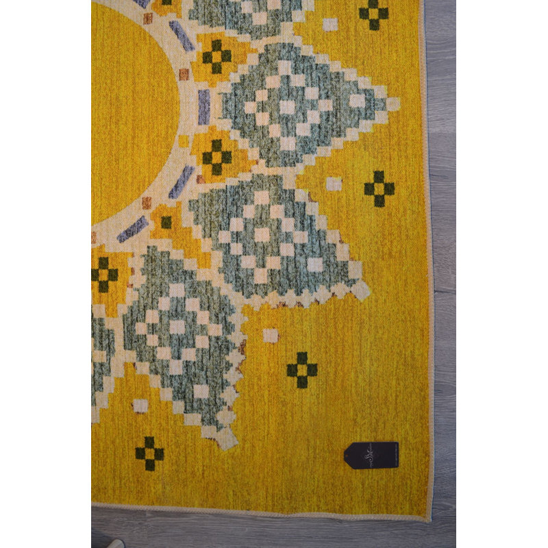 Tapis décoratif jaune de style bohème moderne à motif géométrique, Tapis de couloir 2 pi 8 po x 7 pi 11 po