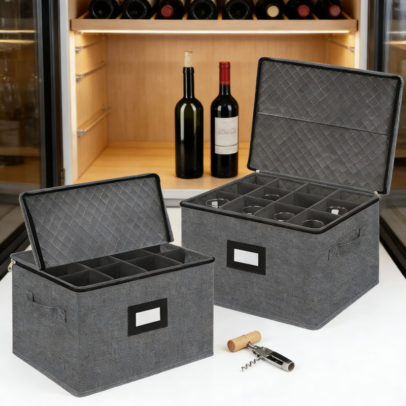 Stemware Storage Cases - Hard Shell Protective Box With Dividers For 24 Glasses, Stackable Moving Container With Label Holder & Handles For Wine Glass Organization And Transport