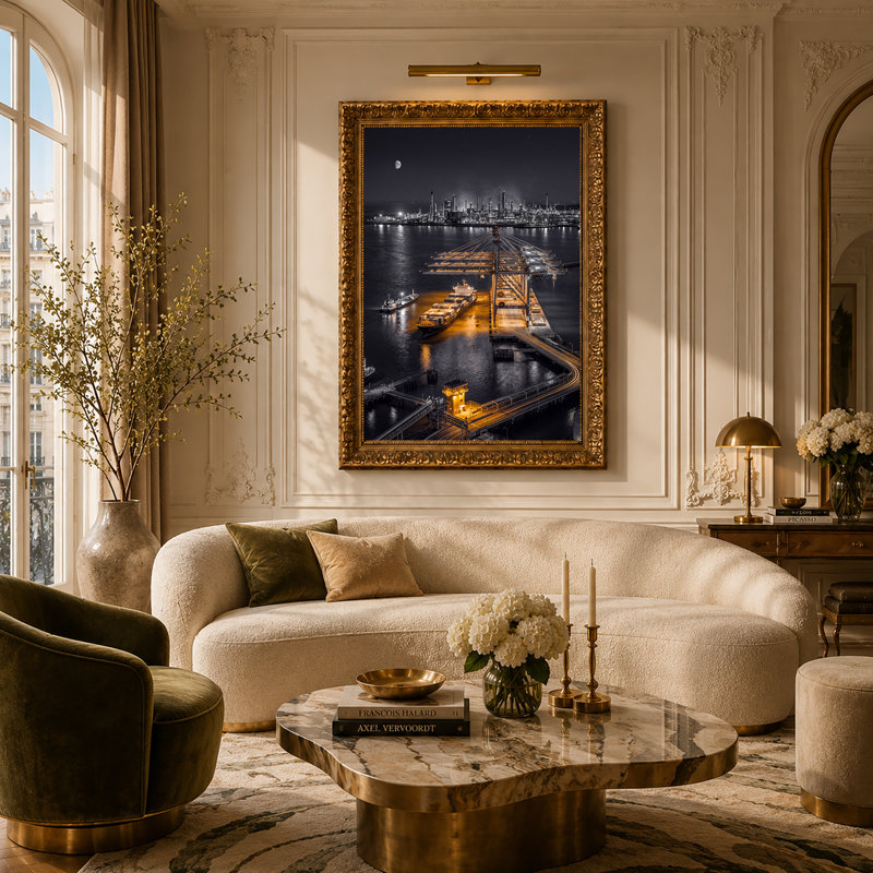«Cargo Ship and Port Cranes at Industrial Harbor at Night», art mural sur toile, 30"H x 20"W