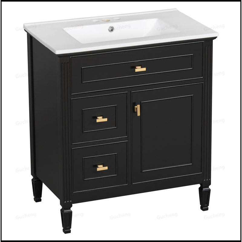 Meuble-lavabo en bois 30 po avec tablette ajustable et lavabo, Noir