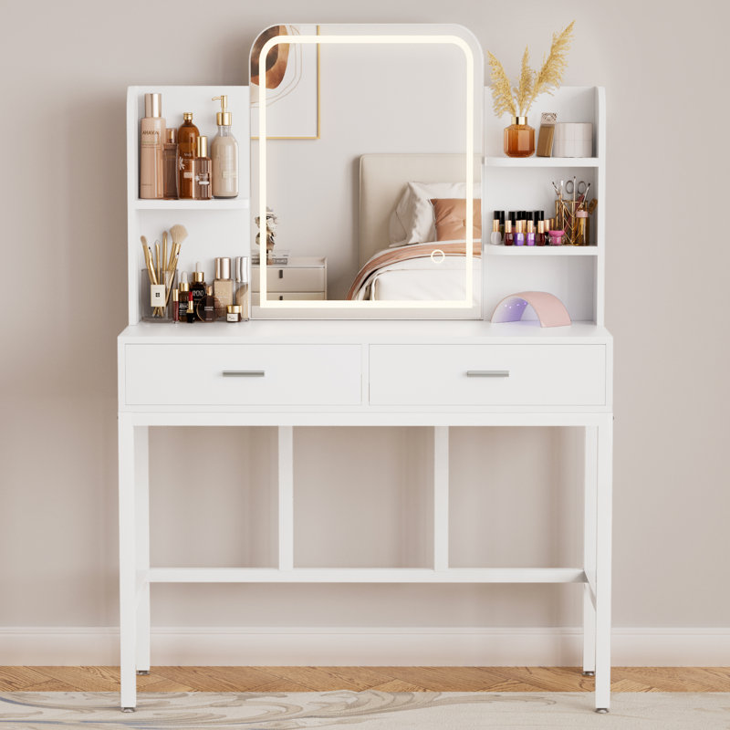 Makeup Vanity With 2 Storage Drawers,Vanity Desk With Mirror And Lights, White