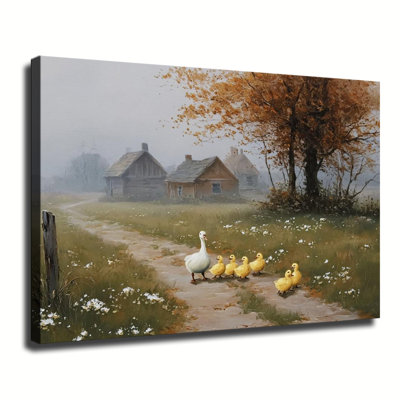 «Rustic Farmhouse Scene Mother Goose And Baby Ducklings Autumn», peinture à l'huile sur toile, grande galerie, reproduction d'art sur toile pour le salon, la chambre à coucher