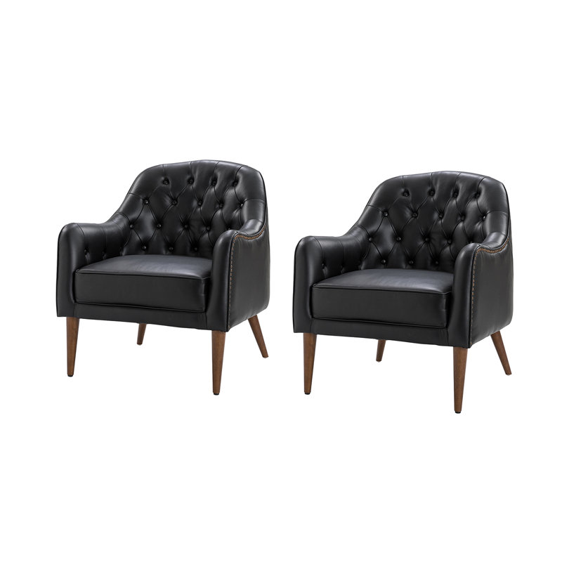 Meiyi 28.5" Wide Genuine Leather Barrel Chair Set of 2, Black Genuine Leather