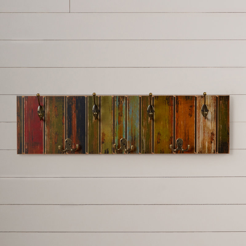 Freida Wall Mounted Coat Rack with 7 Hooks on Distressed Printed Wood Design