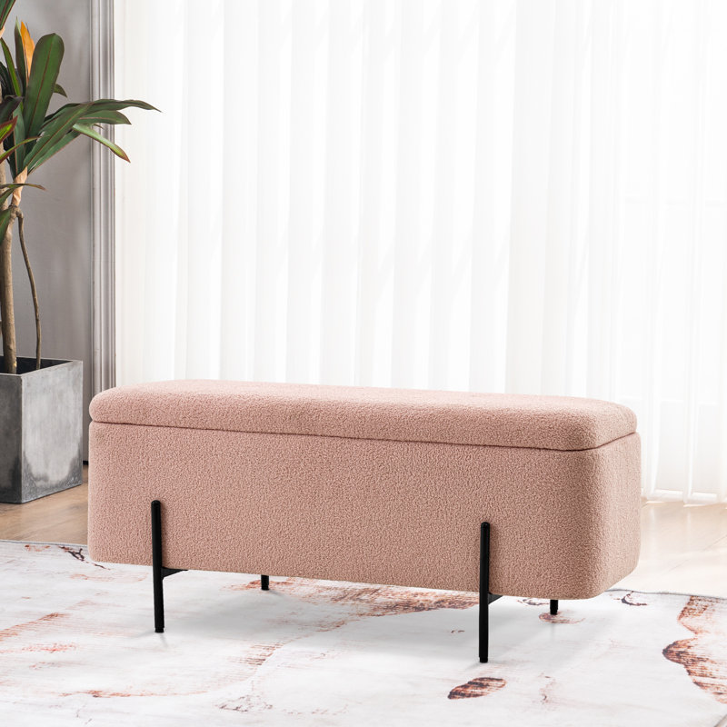 Jezell Upholstered Flip top Storage Bench, Teddy Fabric Upholstered Footstool, Bed End Bench, Pink