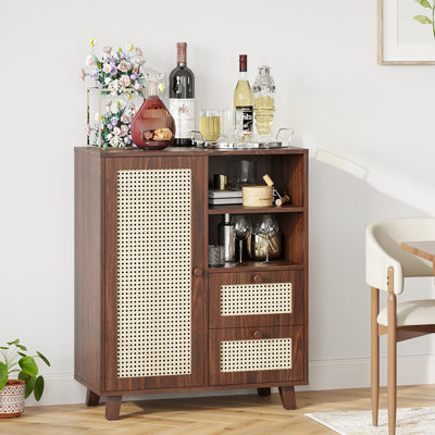 Buffet avec tablette réglable et deux tiroirs coulissants lisses, pour le salon, la cuisine, le hall d'entrée en bois d'ingénierie en noyer, d'une hauteur de 34,46 po et d'une largeur de 27,73 po