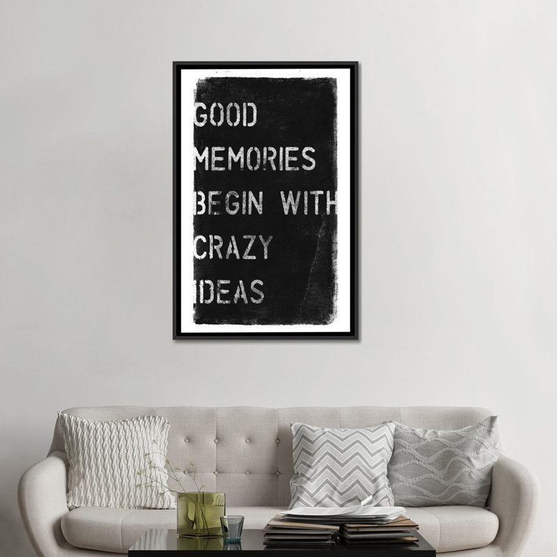 « fou ideas i », art textuel sur toile, H 26 po x l 18 po x P 1,5 po, Toile avec cadre noir, Pas de tapis