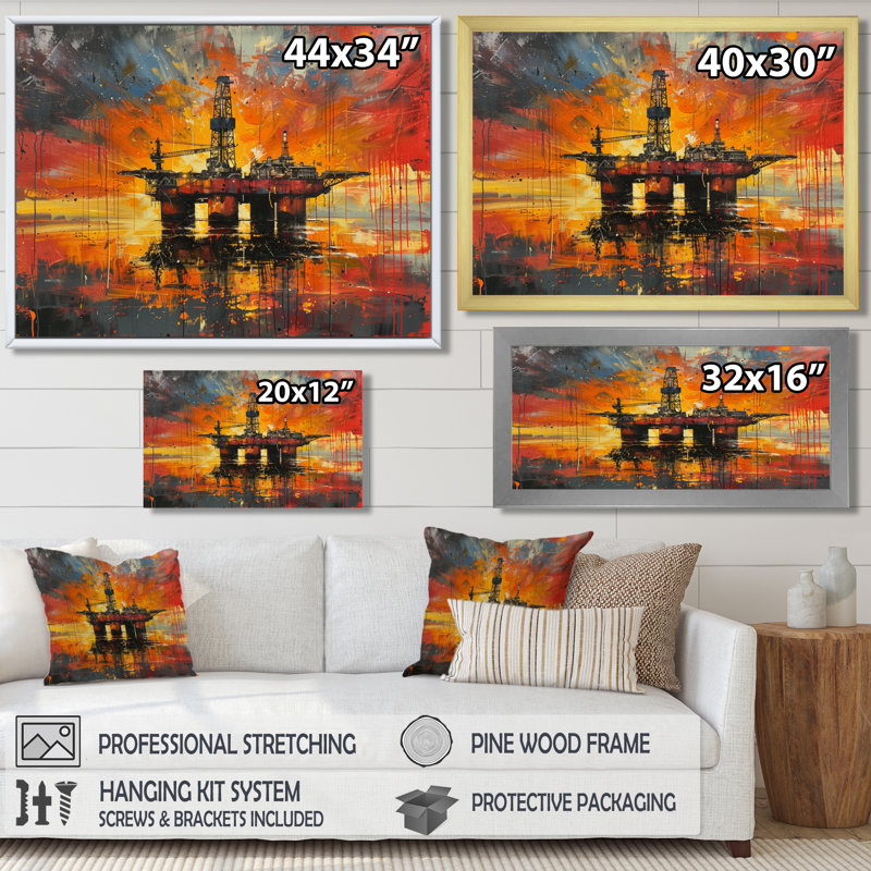 Orange Black Oil Rig Ocean Drill - Oil Rigs / Fields Wall Art, Canvas, 12" H x 20" W x 1" D